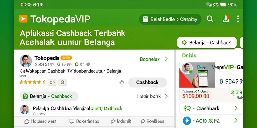 Screenshot antarmuka TOKOPEDIAVIP menampilkan fitur Cashback yang menarik.